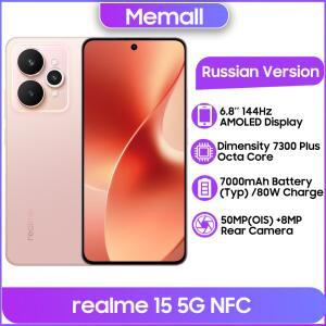 러시아 버전 realme 15 5G NFC 디멘시티 7300 플러스 옥타 코어 6.8인치 144Hz AMOLED 화면 7000mAh 배터리