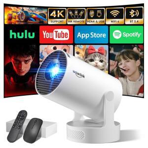 [앱 내장 및 2026 업그레이드] WiFi 6 및 Bluetooth 5.4 지원 4K 1080P 오토 키스톤 180 회전 프로젝터 휴대용 호환 HDMI / TV 스틱 / 메모리 스틱 / 노트북, 화이트