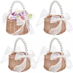 인터웜 6Pcs 위커 라탄 꽃바구니 진주 손잡이 리본 보우 플라스틱 라이너 요정 결혼식 피크닉 홈 데코를