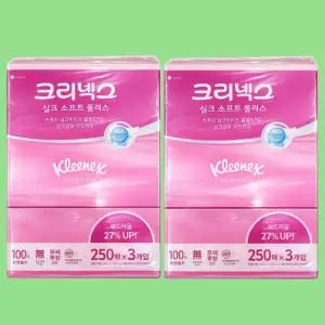 크리넥스 실크소프트 플러스 각티슈 미용티슈 250매 6개 사각티슈 곽휴지 곽티슈