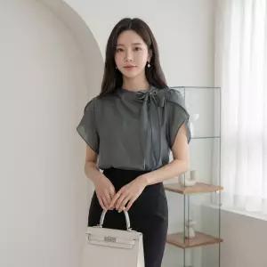 튤립 반팔 소매 블라우스 여리여리 리본 타이 브라우스 고급스러운 여름 출근룩