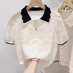 [헬렌] 크로셰 반팔 배색 카라넥 여름 니트 피케티 반소매 펀칭 카라티 콜린카라반팔 T-137