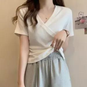 여성 여름 언발 슬림핏 여리핏 랩 브이넥 반팔 티셔츠