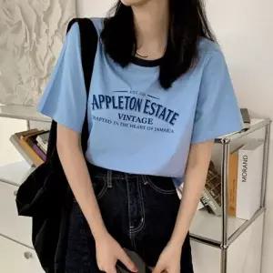 ( )여성 세미 크롭 라운드 여름 예쁜 반팔 티 셔츠 블루