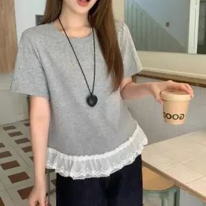 여성 레이어드 여름 프릴 물결 레이스 기본 반팔 티셔츠