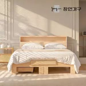 장인가구 온숨 SE0 편백나무 통원목 헤드형 서랍 침대 프레임 Q (H350/400/450)