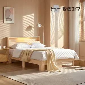 장인가구 온숨 SE0 편백나무 통원목 LED 헤드형 침대 프레임 K (H350/400/450)