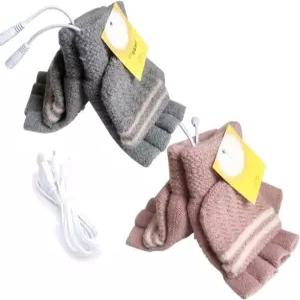 여성용 및 남성용 2팩 USB 온열 장갑 Mitten 겨울용 따뜻한 손 노트북 뜨개질 전체 절반 손가락 없는 워머