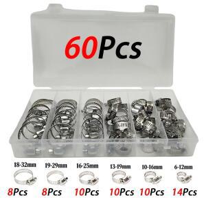 60피스 스테인레스 스틸 호스 클램프 모음 세트  조절 가능 파이프 패스너 키트 워터/가스 헤비 듀티 튜브