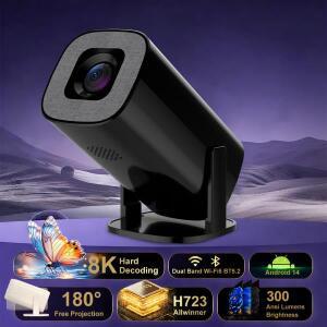 휴대용 프로젝터 300AMSI 네이티브 720P HD 8K  디코딩 WiFi6 BT5.2 안드로이드 14 침실 야외 영화 감상용
