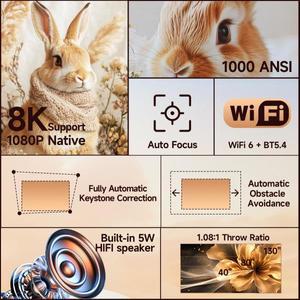 맥큐빅 8K 지원 HD  1000ANSI X7   프로젝터 5W 스피커 내장 안드로이드 14 WiFi6 BT5.4 시어터