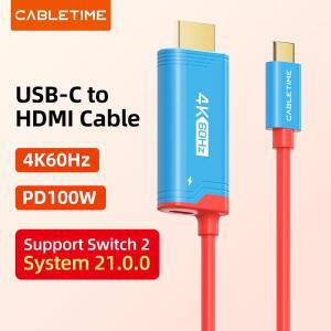 CABLETIME 스위치 2 HDMI 케이블 USB C to 어댑터 4K 60Hz PD 100W  1 OLED PS4/5 노트북용