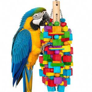 제피릴 대형 새 장난감, 20인치 XL 앵무새 장난감 천연 나무 블록 새 씹기 장난감, Macaws, Cockatoos, African Grays 및 Large Parrotts용 스테인리스 스틸 체인 걸이 케이지 장난감 - 1.65파운드
