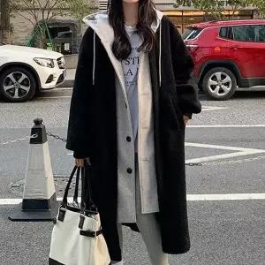 여성 롱코트 겨울 뽀글이 후드 블랙 후리스 아우터 WFLVIQ5