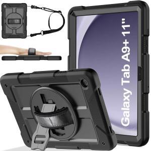 삼성 갤럭시 탭 A9+ 플러스 케이스 11인치(SM-X210 / X216 X218), 회전 스탠드 및 핸드/숄더 스트랩이 있는 충격 방지 A9 케이스, 블랙