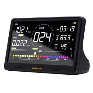 POWERTEC AD1001 7 u201D LCD 디스플레이 u2013 멀티 센서 CO u2082, PM2.5, PM10, HCHO, TVOC 감지기, NDIR 센서, 충전식 실내/작업장 공기 모니터 포함