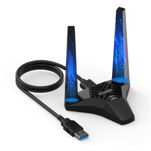 WAVLINK USB3.0 WiFi 어댑터, 데스크톱 PC용 AC1300Mbps 무선 네트워크 듀얼 밴드 5GHz+2.4GHz WLAN, Windows XP /Vista /7 /8 /8.1 /10 /11 MacOS 10.7-10.15의 고이득 2배 3dBi 안테나 포함