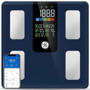 체중, 체질량지수(BMI), 지방, 근육량을 위한 GE 스마트 저울, 디지털 욕실 저울 500파운드 블루투스 11.8인치 대형 플랫폼 계량기 건강 모니터(앱 포함), 다크 블루