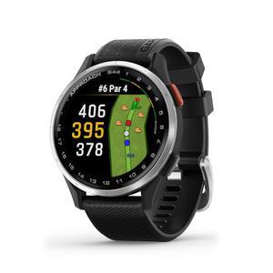 가민 어프로치 S44, 에센셜 골프 GPS 스마트워치, AMOLED 디스플레이, 온코스 기능, 실버 알루미늄 베젤과 블랙 실리콘 밴드