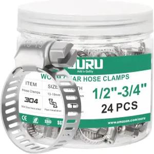 OURU 24PCS 호스 클램프 스테인리스 스틸 조절 가능 1/2 3/4 13-19mm 웜 기어 자동차용 헤비 듀티 금속