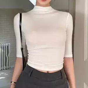 반목 반팔티 여성 슬림핏 부 소매 크롭티셔츠 슬림 반목 폴라 부 티셔츠 크롭티