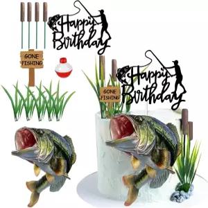 빅마우스 배스 사인이 있는 낚시 케이크 토퍼 생일 축하