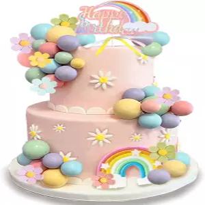 보호 그루비 생일을 맞아 데이지 플라워 파스텔 볼을 곁들인 레인보우 케이크 토퍼