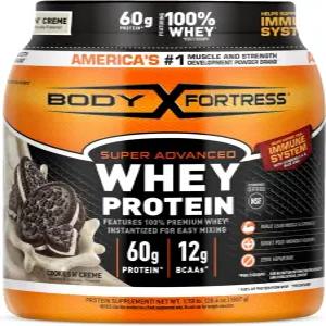 바디 포트리스 슈퍼 어드밴스드 유청 단백질 파우더 쿠키 앤 크림 2 스쿱당 60g 및 12g BCAA 근육 증가