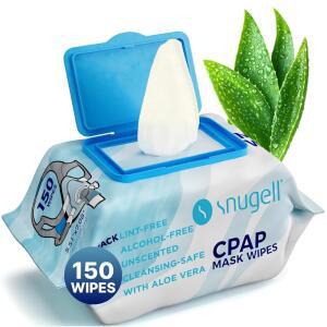 스누젤 CPAP 마스크 물티슈 U2013 소프트 코튼에 알로에 베라 보풀 알코올 프리 마스크 튜브 및 장치용 청소 물티슈 여행용 사이즈 150개(1팩) 무향 MJ8
