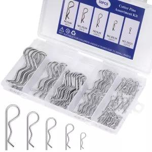 루캄수 50PCS 코터 핀 모음 키트 헤비 듀티 R 클립 하드웨어 트레일러 잠금용 스프링 패스너 히치 잔디