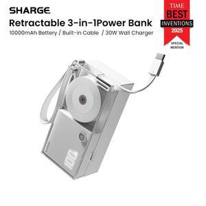 SHARGE 3-in-1 휴대용 보조배터리 10,000mAh USB C 충전기 (USB-C 케이블, AC 플러그 포함) 아이폰 16/15