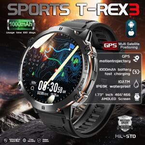 2025년 신제품 T-Rex 3 GPS 스마트워치 1000mAh 배터리 AMOLED HD 남성용 10ATM&IP69K 방수 아웃도어 피트