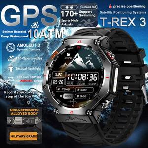 2025 새로운 T-Rex 3 울트라 GPS 스마트 시계 남자 10ATM IP68 방수 내장 듀얼 밴드 GNSS 나침반 군사 스포