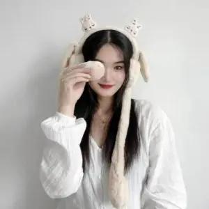 [패션소품] 움직이는 귀마개 니트귀도리 쫑긋 베이지 토끼 털