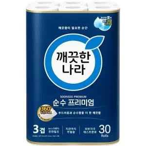 깨끗한나라 순수 프리미엄 3겹 30롤 1팩 와이드 데코 롤휴지