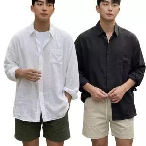 [아이에스이랩]남자 린넨 셔츠 여름 루즈핏 긴팔 캐주얼 남방 3SH040
