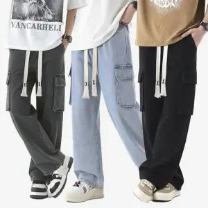 [아이에스이랩]남여공용 밴딩 와이드 카고 데님팬츠 I5PC071