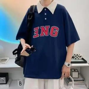 [아이에스이랩]여름 오버핏 ENG 프린팅 반팔 카라 티셔츠 I2TS023