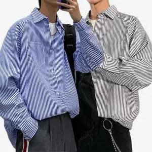 [아이에스이랩]스트라이프 오버핏 남방 셔츠 남자 데일리룩 I3SH032