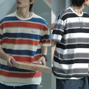 [아이에스이랩]오버핏 티셔츠 스트라이프  배색 단가라티 I2TS052