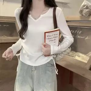 리본 사이드 셔링 베이직 긴팔 티셔츠