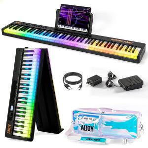 AiJoy 88키 접이식 피아노 키보드, 다채로운 조명 키, USB-MIDI가 포함된 반가중 풀사이즈 휴대용 디지털 피아노, 내장 스피커, 초보자용 서스테인 페달, 여행 및 작은 공간