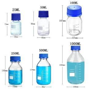 투명 블루 캡 유리 시약병 체중계 실험실  측정 나사 원형 용기 25ml-1000ml 1 개