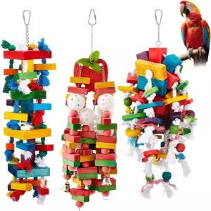 Seenelling 3Pcs 초대형 새 앵무새 장난감 다색 천연 나무 케이지 씹는 대형 중형 Macaws Cockatoos