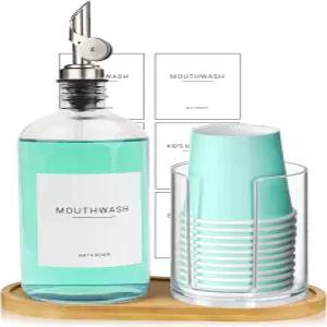 일회용 컵 홀더가 있는 구강 세정용 Ezebesta 480ml/16.23온스 유리 펌프 디스펜서 주입구 리필 가능한