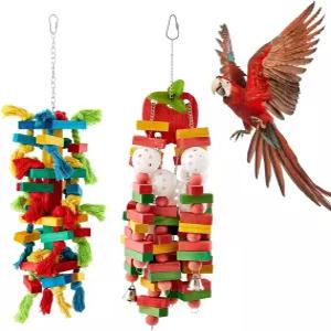 Seenelling 2개의 초대형 새 앵무새 장난감 다양한 색상의 천연 나무 씹기 대형 중형 Macaws Cockatoos