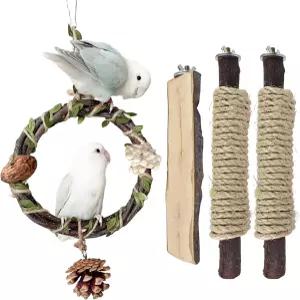 4pcs 라운드 버드 스윙과 2개의 단단한 나무 스탠드 1개의 플랫폼 Macaw African Grey Birds 케이지