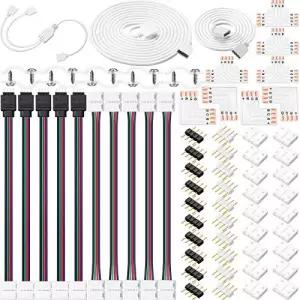 Honoson 5050 4핀 RGB 0mm LED 스트립 커넥터 키트 연장 케이블 점퍼 양방향 스플리터 L T 갭리스 클립이