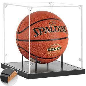 농구 디스플레이 케이스 아크릴 투명, UV 보호 박스, 단단한 나무 베이스 및 풀 사이즈 축구 스탠드, NBA WNBA 볼 기념품 보관함, 이상적인 선물, 블랙