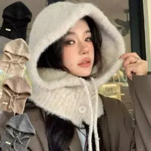 울 니트 단추 바라클라바 후드 모자 넥워머 귀도리 모자 4컬러